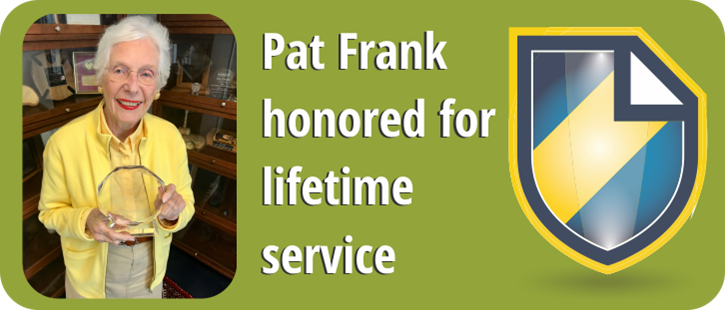 Article header showing Clerk of Court Pat Frank holding the Helen Gordon Davis Lifetime Achievement Award